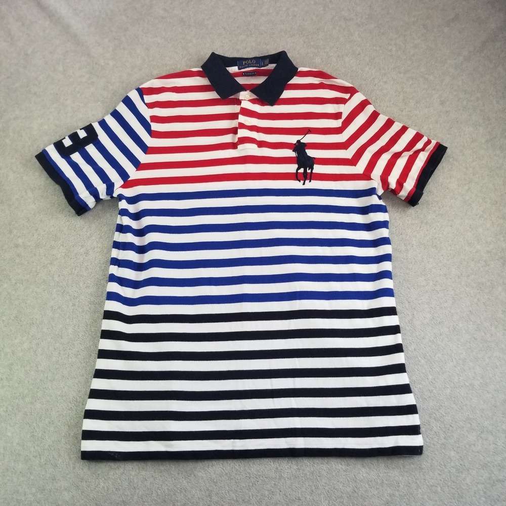 Polo Ralph Lauren Shirt Mens Large USA Striped No 3 Big Pony Red White Blue